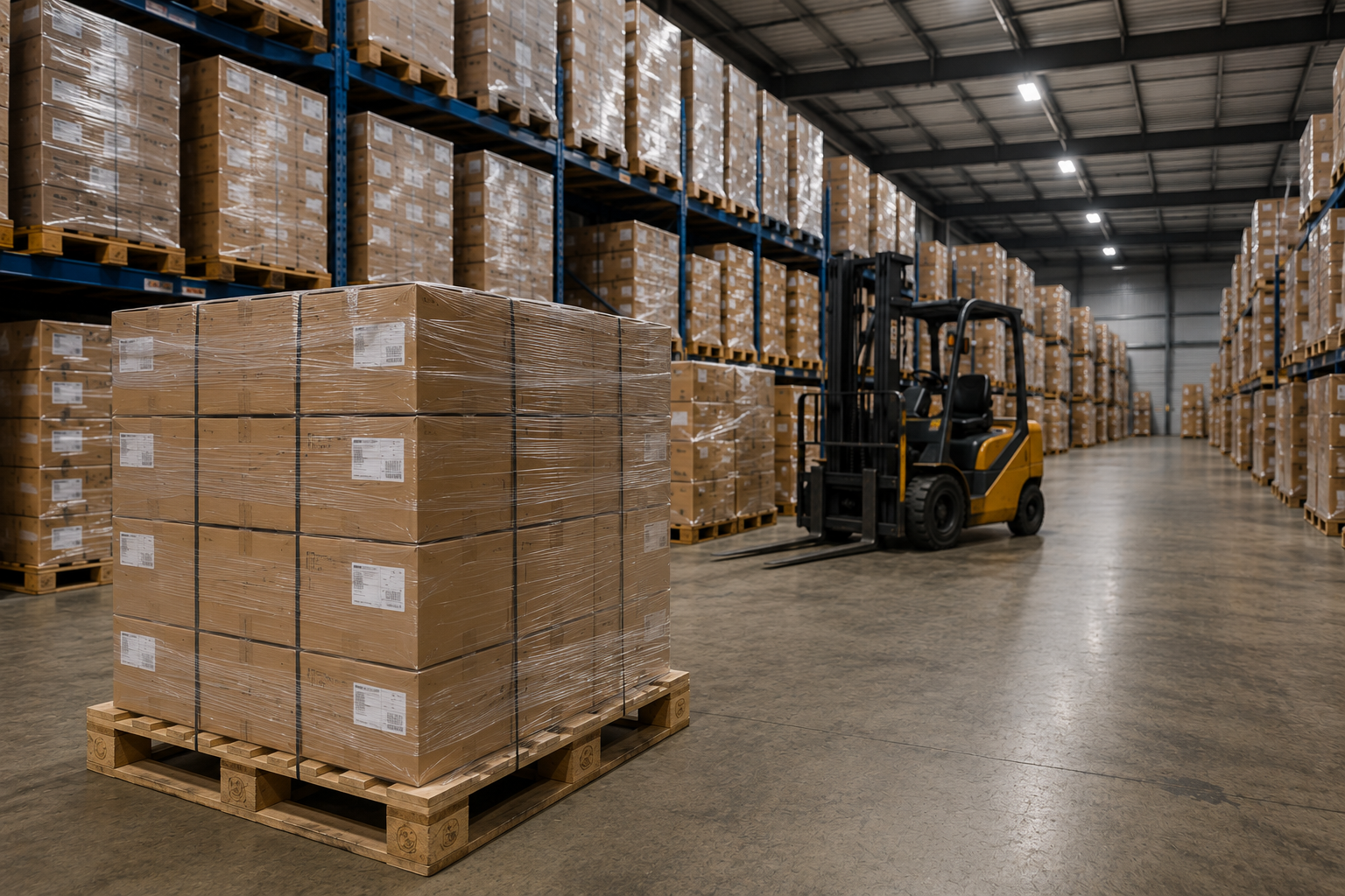Magazijn met pallets en kartonnen dozen — offerte aanvragen bij De Palletman